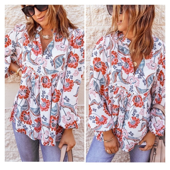 Floral Notched Balloon Sleeve Babydoll Top - Picture 2 of 3